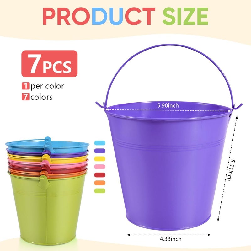 OBTANIM 7 Pack Colorful Metal Buckets with Handle Galvanized Ice Pails for Plants, Succulents, Party Favors Organizing, Rustic Home Decor or Classrooms Pencil Storage (6 x 4.4 inch) - Image 2